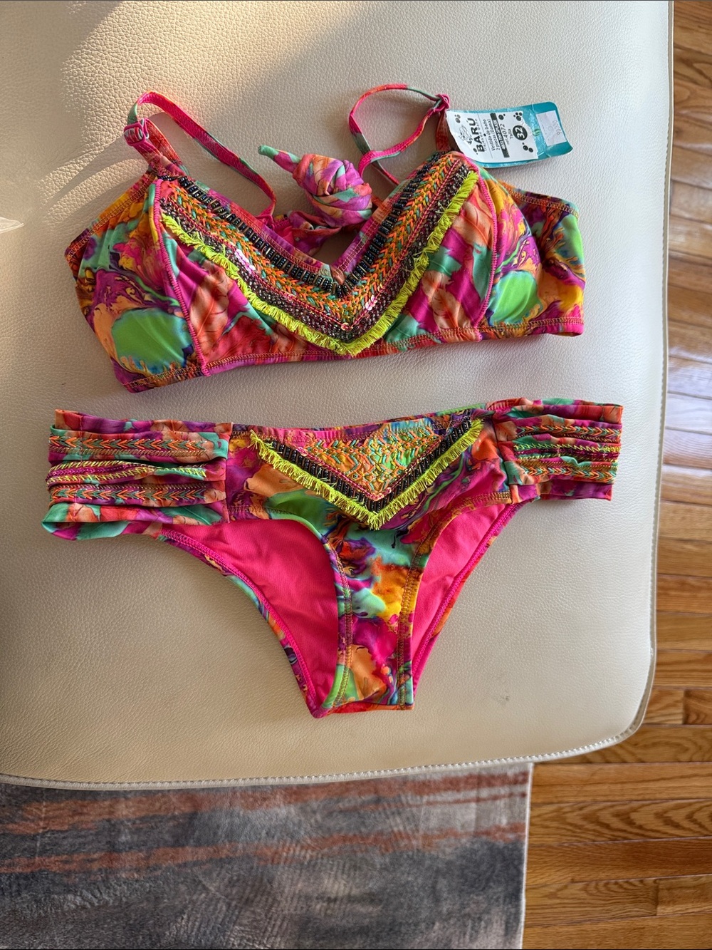 Bright Pink Multi-Color Embroidered Bikini Set